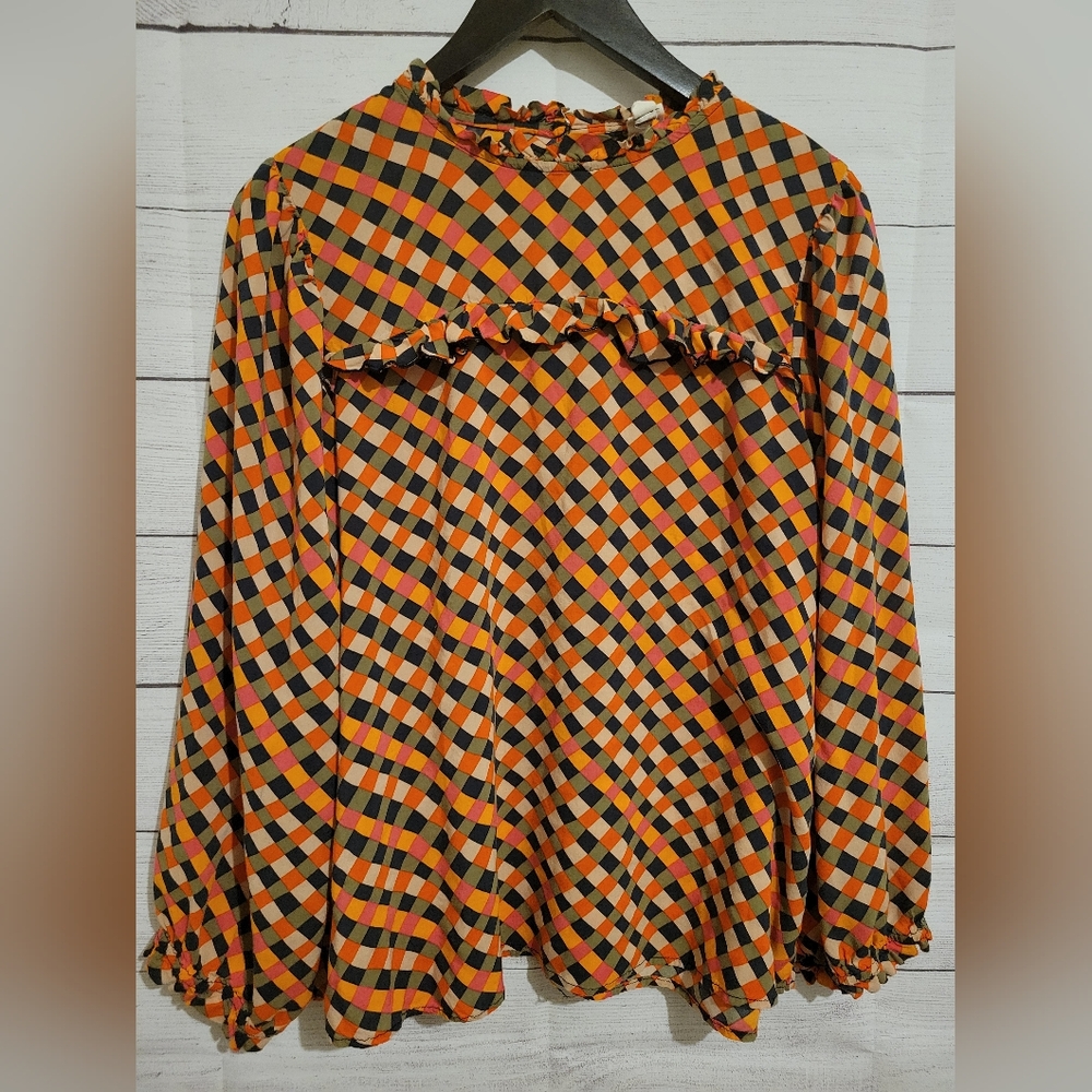 Ivy and Jane Women's  Orange Long Sleeve with ruffle Multicolor Geometric XL